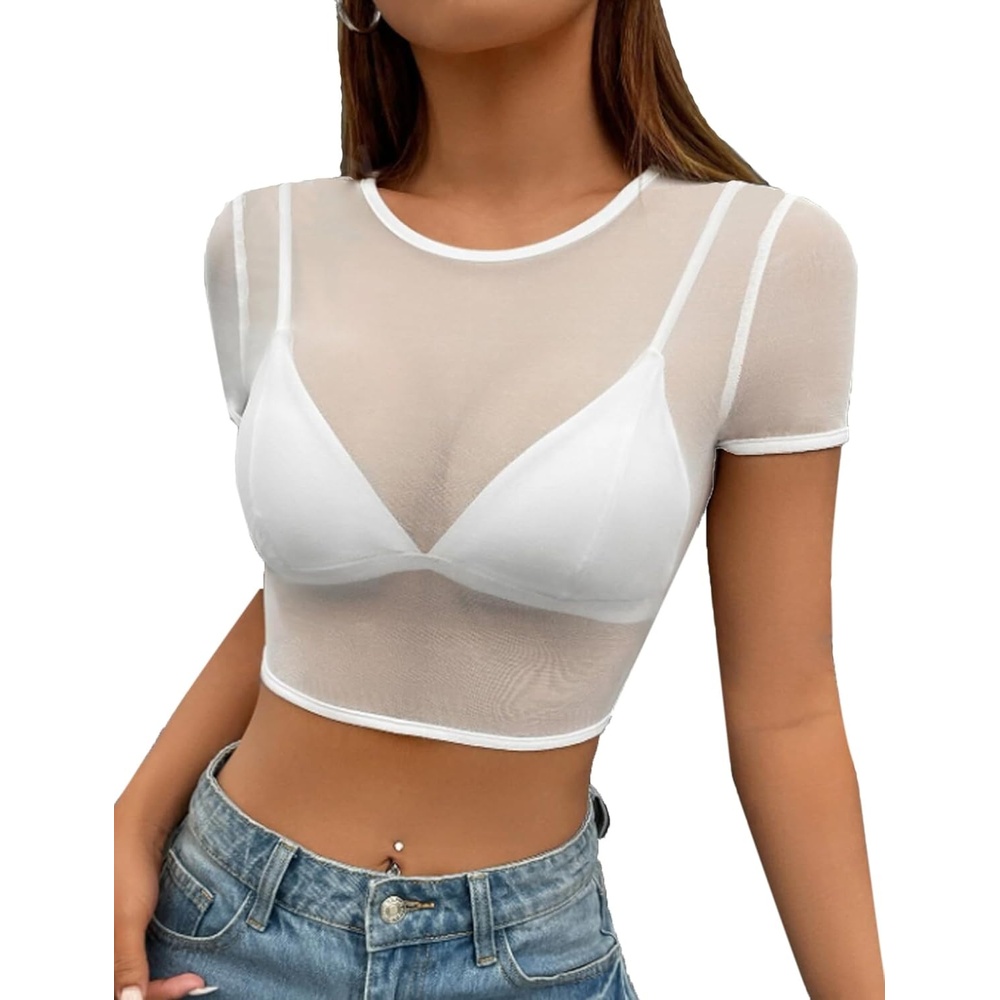 image:imageAvidlove Mesh Crop Top for Women Short Sleeve Bodycon Tees Y2k See Through Blouse O Neck ClubwearBwhite