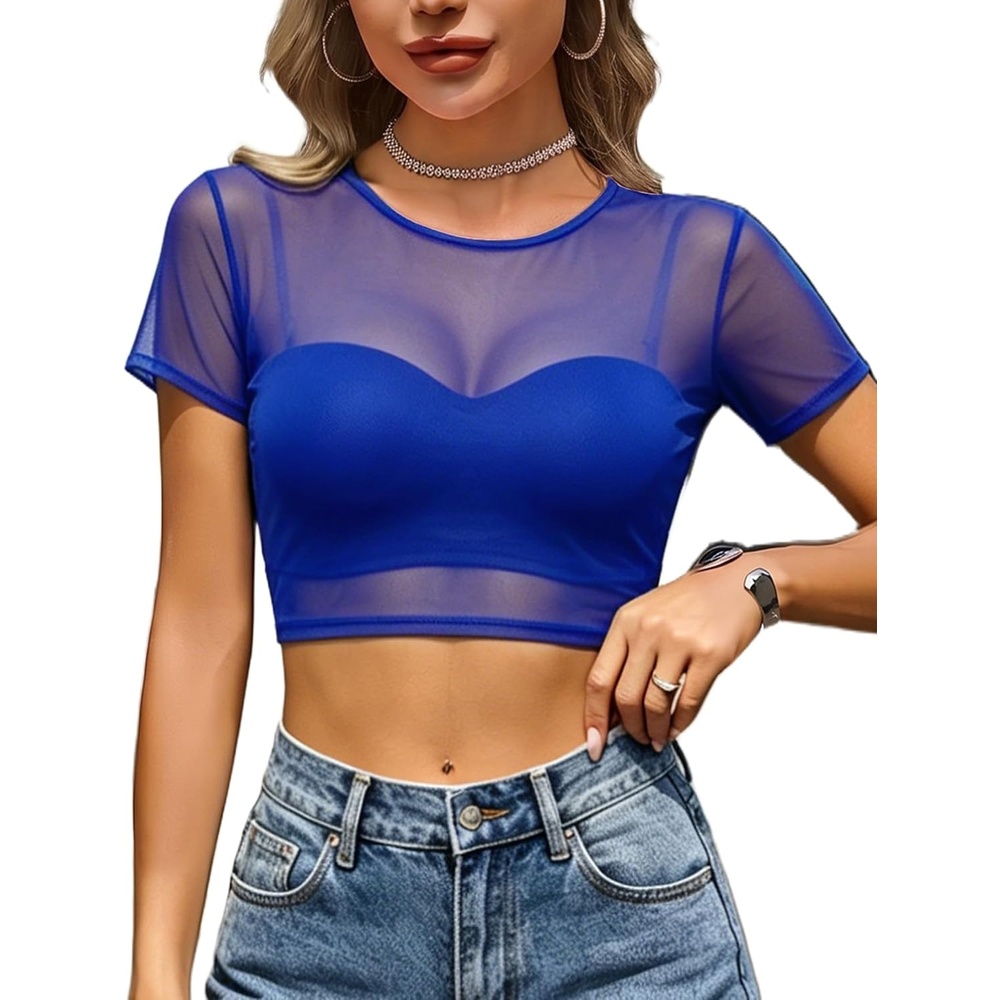 image:imageAvidlove Mesh Crop Top for Women Short Sleeve Bodycon Tees Y2k See Through Blouse O Neck ClubwearRoyal Blue