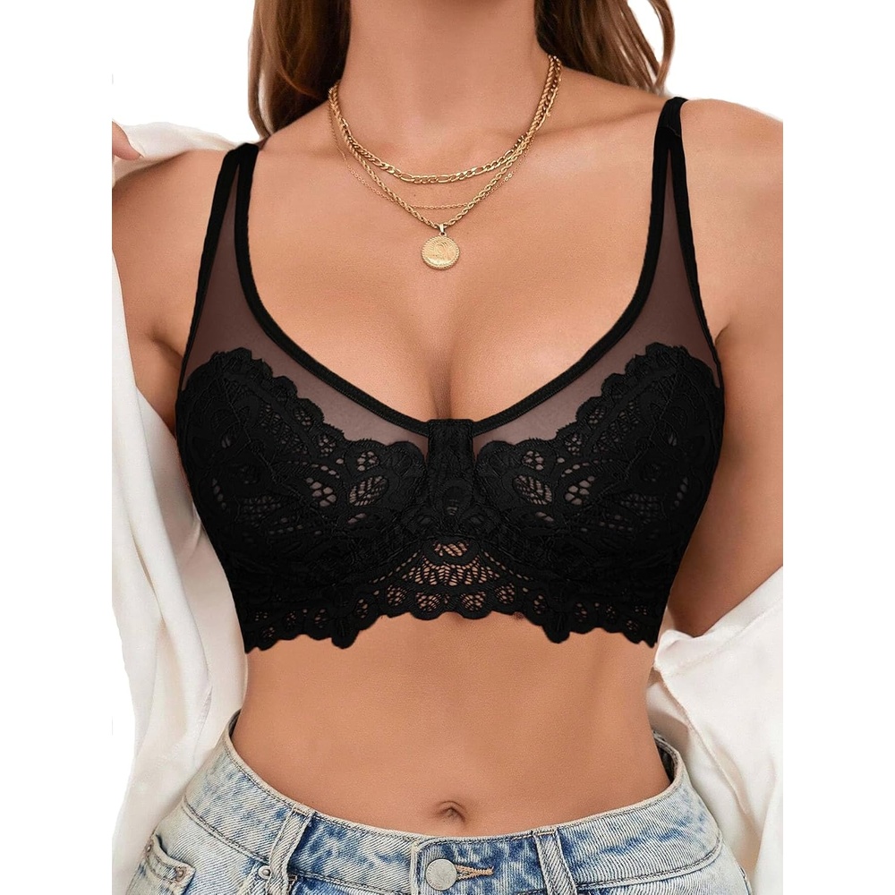 image:imageAvidlove TShirt Bralette for Women Mesh Floral Lace Full Coverage BrasBlack