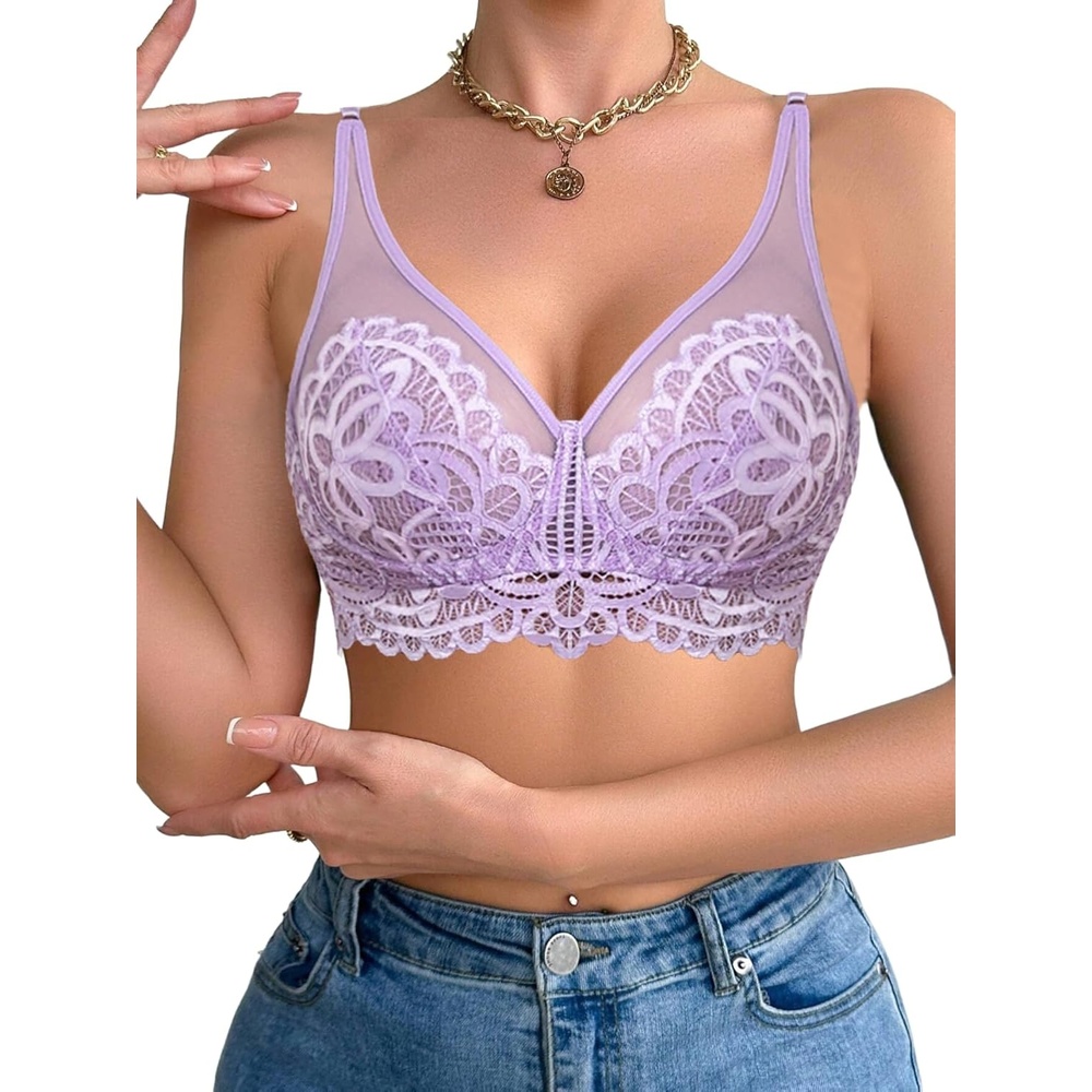 image:imageAvidlove TShirt Bralette for Women Mesh Floral Lace Full Coverage BrasLilac