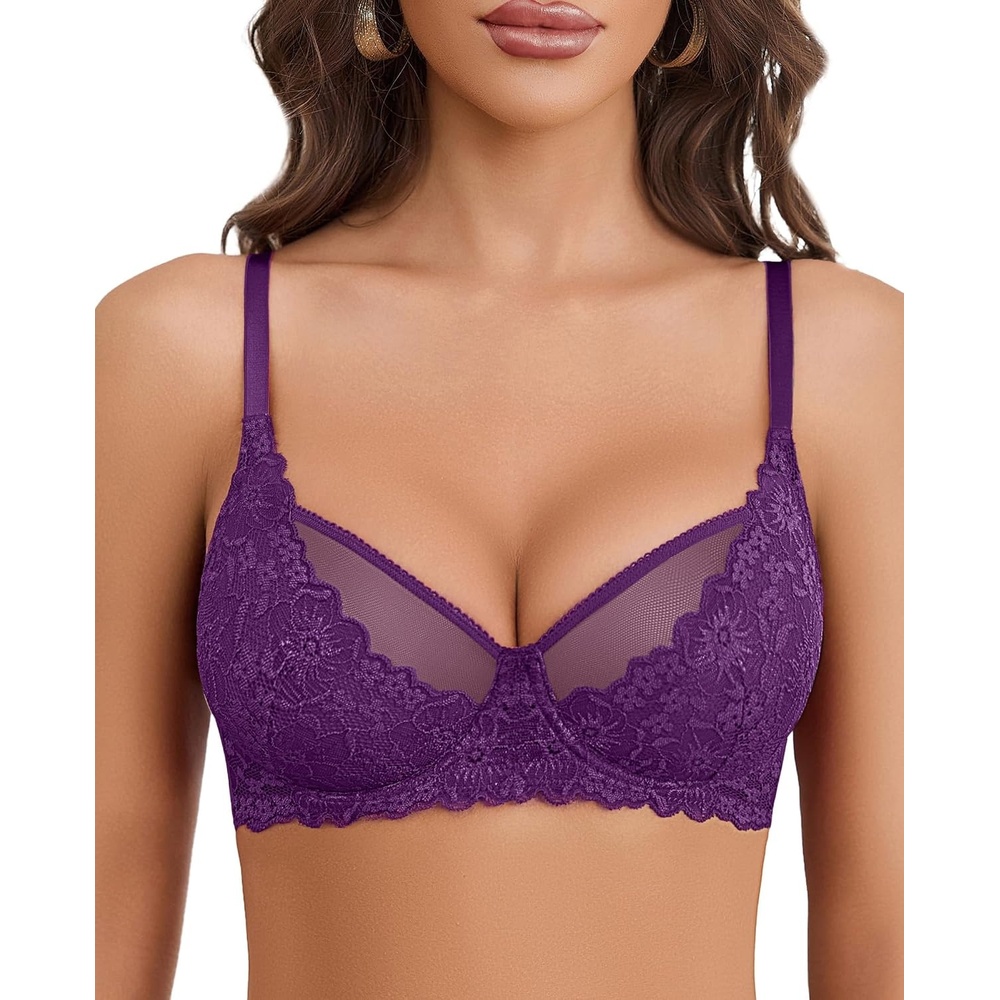 image:imageAvidlove Women Lace Bra Underwire Sexy Bralettes Unlined Mesh Full Coverage Lingerie Everyday BrasDark Purple