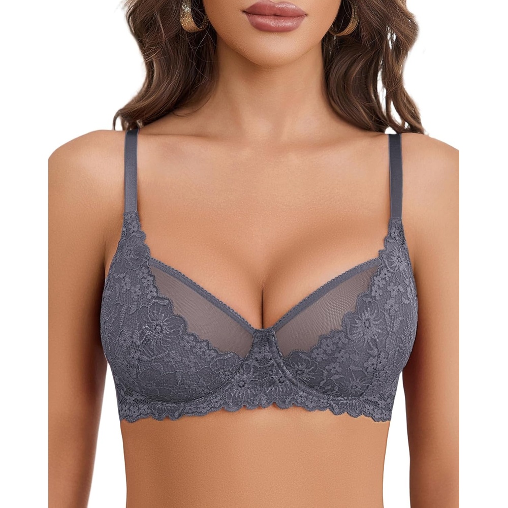 image:imageAvidlove Women Lace Bra Underwire Sexy Bralettes Unlined Mesh Full Coverage Lingerie Everyday BrasGrey
