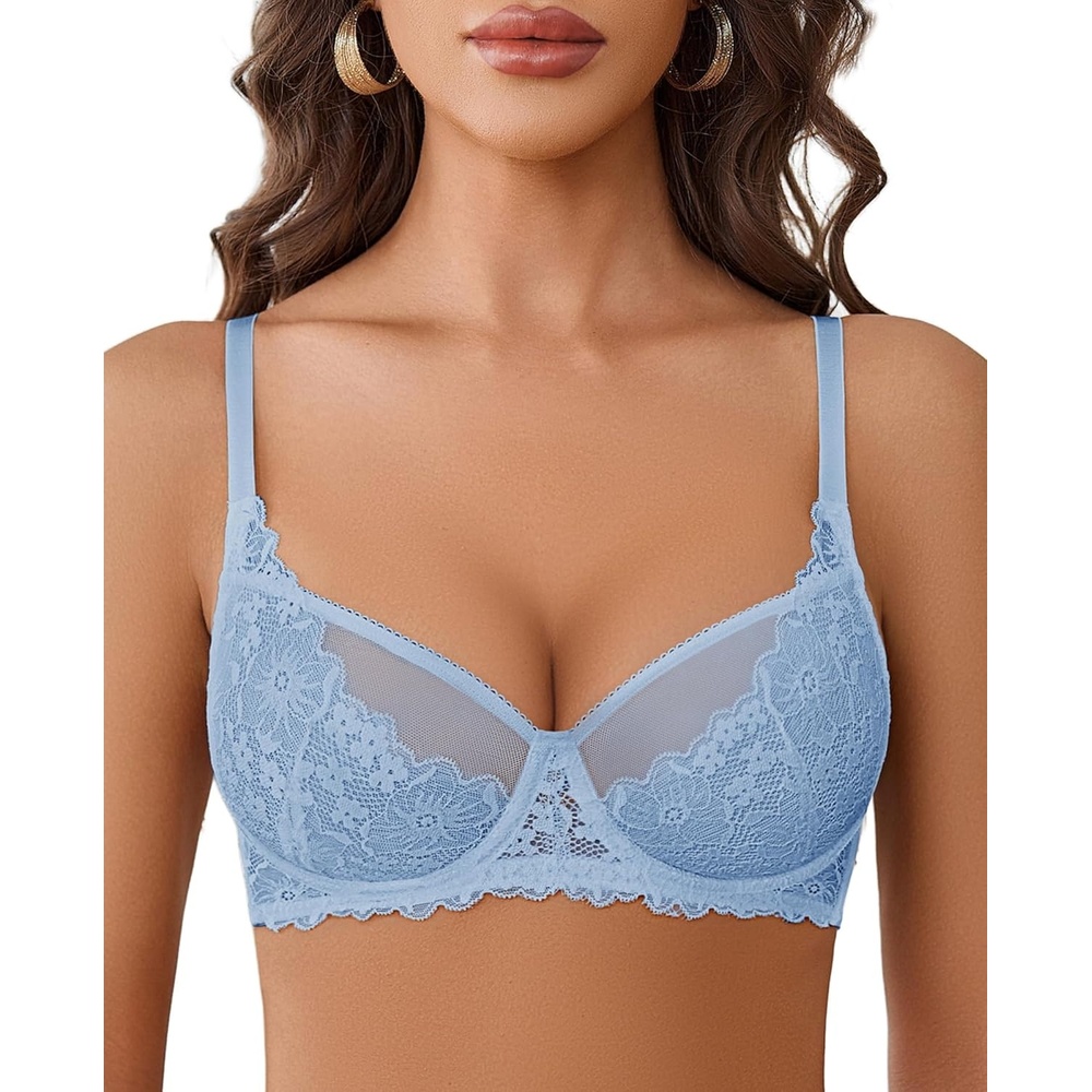 image:imageAvidlove Women Lace Bra Underwire Sexy Bralettes Unlined Mesh Full Coverage Lingerie Everyday BrasLight Blue
