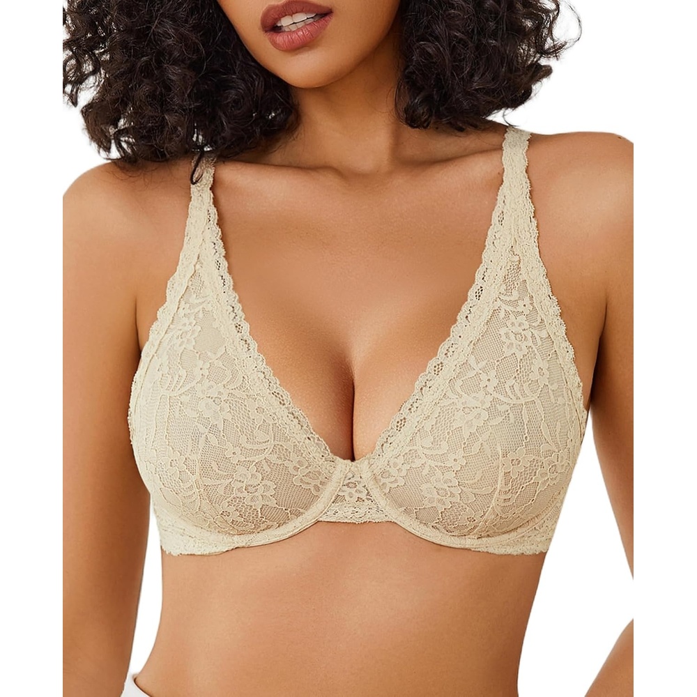 image:imageAvidlove Womens Lace Bra Sexy Sheer Underwire Unlined Plunge Everyday Bras Full Coverage BralettesBeige