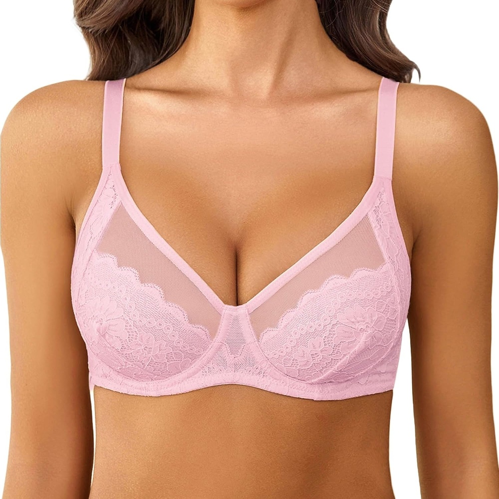 image:imageAvidlove Womens Lace Bras Sexy Underwire Unlined Bra V Neck Mesh Everyday Bra Lingeries No PaddedPink