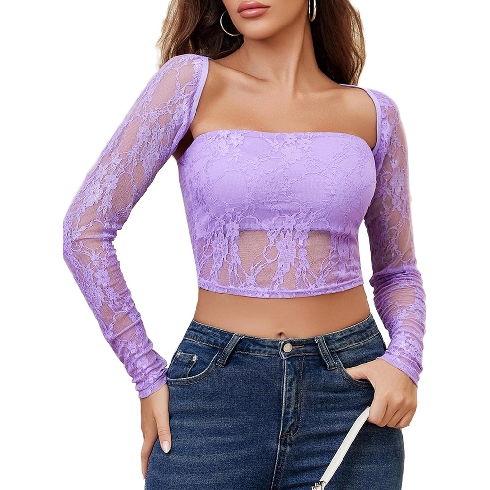 image:imageAvidlove Womens Mesh Top Long Sleeve Sheer Blouse See Through Floral Lace TopsLight Purple