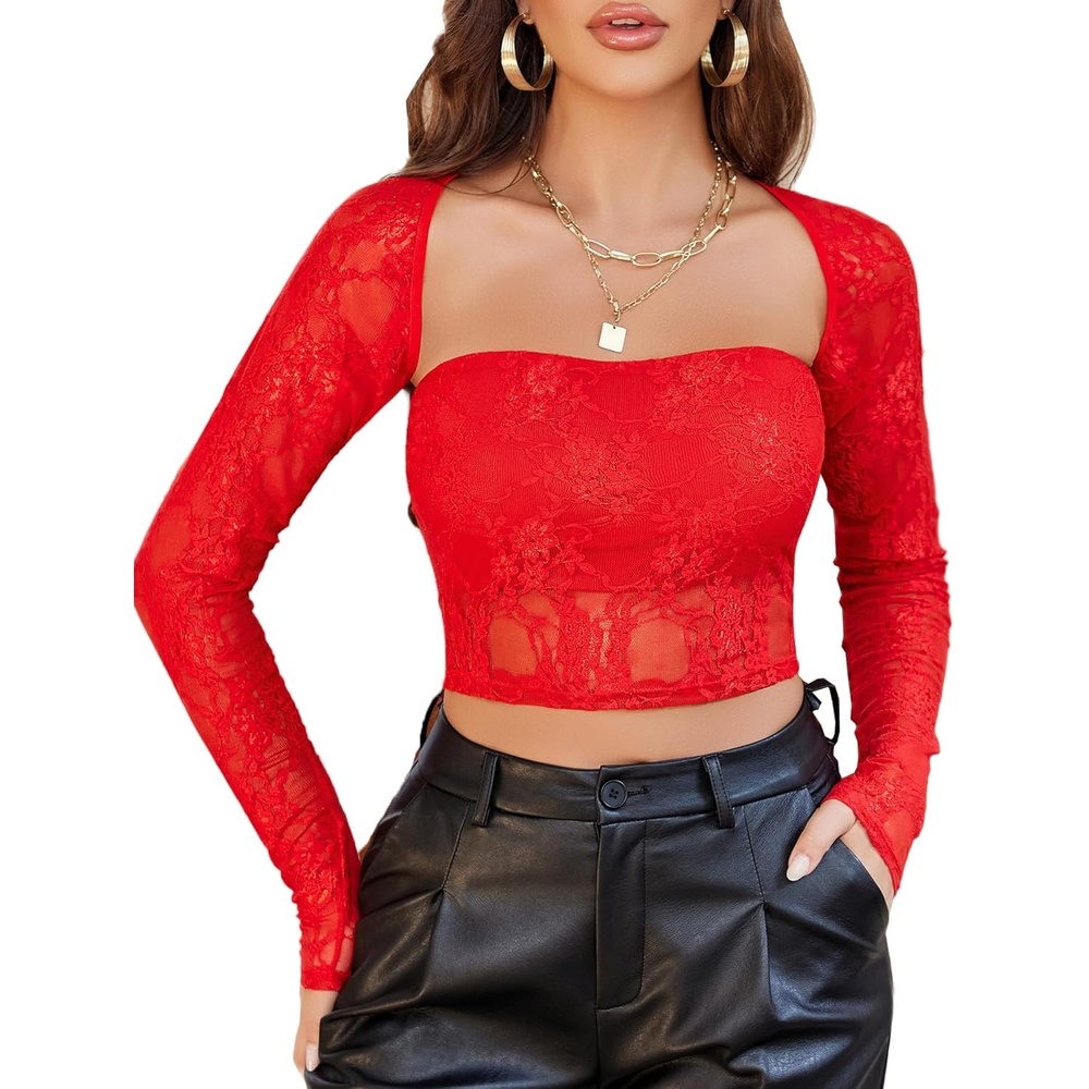 image:imageAvidlove Womens Mesh Top Long Sleeve Sheer Blouse See Through Floral Lace TopsRed