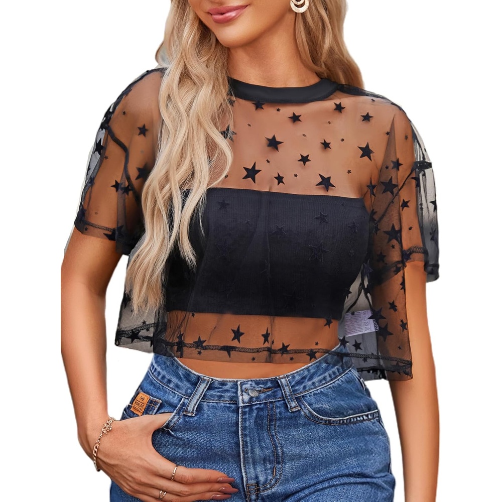 image:imageAvidlove Womens Mesh Tops See Through Shirts Short Sleeve Printed Crop Top Sheer Blouse Clubwear SXXLBlack Star