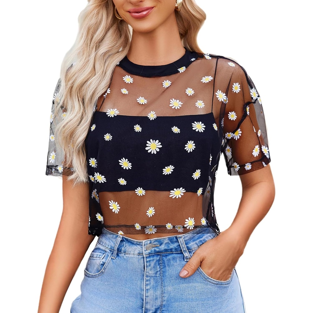 image:imageAvidlove Womens Mesh Tops See Through Shirts Short Sleeve Printed Crop Top Sheer Blouse Clubwear SXXLDaisy Black