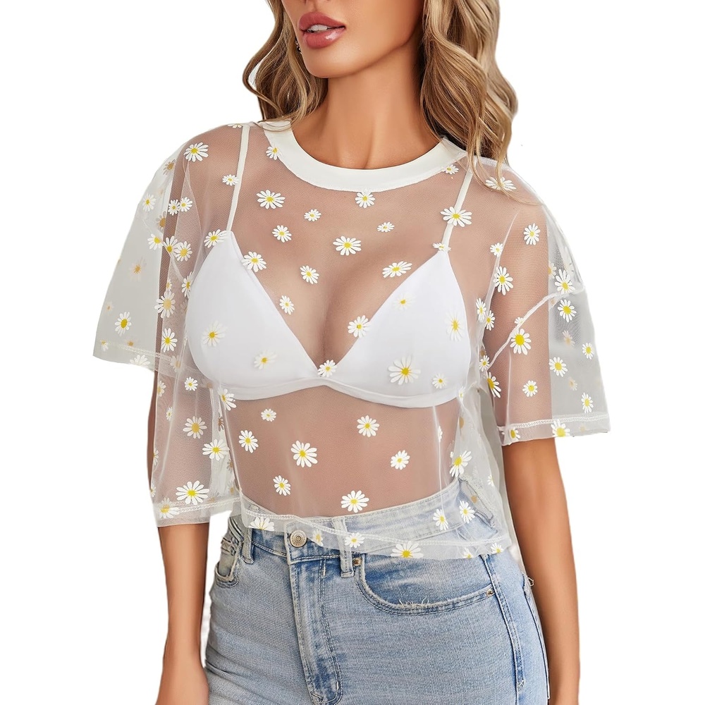 image:imageAvidlove Womens Mesh Tops See Through Shirts Short Sleeve Printed Crop Top Sheer Blouse Clubwear SXXLDaisy White