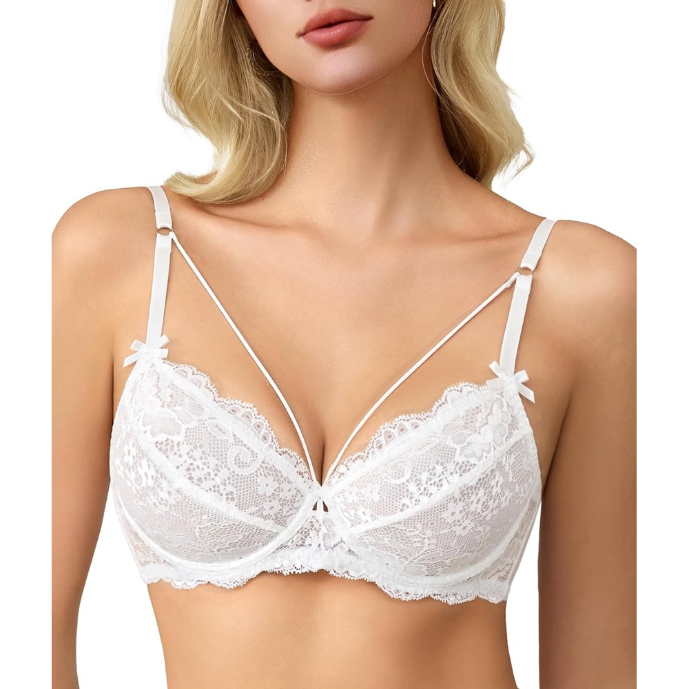 image:imageAvidlove Womens Sexy Lace Bra Sheer Balconette Unlined Underwire Strappy Bras Everyday BrasWhite