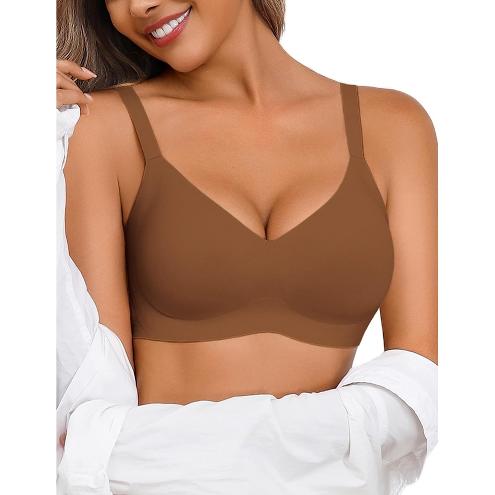 image:imageAvidlove Womens Wireless Bras Seamless Full Coverage Bras  Padded Bralette Comfortable V Neck Lace Everyday BraBrown