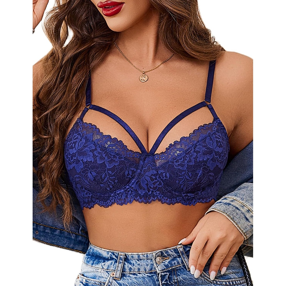image:imageSexy Bras for Women Lace Underwire Bra Unlined Bralette Lingerie  Adjustable Strappy Two Layer Bra V Neck Full Coverage Everyday BraNavy Blue