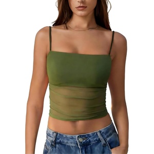 Avidlove Bralettes for Women Spaghetti Strap Mesh Tank Top Tube Slim Y2K Camisole Ultra-Cropped Tops Lightweight(1 & 2 Pcs)(Green)