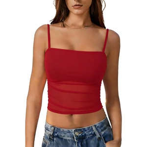 Avidlove Bralettes for Women Spaghetti Strap Mesh Tank Top Tube Slim Y2K Camisole Ultra-Cropped Tops Lightweight(1 & 2 Pcs)(Red)
