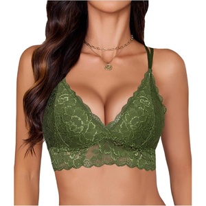Avidlove Bras for Women Floral Lace Bralettes Deep V Sexy Bras Cross Back Longline Bralette No Padded(Army Green)