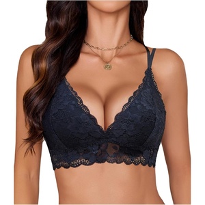Avidlove Bras for Women Floral Lace Bralettes Deep V Sexy Bras Cross Back Longline Bralette No Padded(Black)