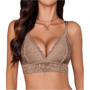 Avidlove Bras for Women Floral Lace Bralettes Deep V Sexy Bras Cross Back Longline Bralette No Padded(Brown)