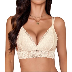 Avidlove Bras for Women Floral Lace Bralettes Deep V Sexy Bras Cross Back Longline Bralette No Padded(Champagne)