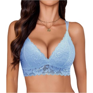 Avidlove Bras for Women Floral Lace Bralettes Deep V Sexy Bras Cross Back Longline Bralette No Padded(Light Blue)