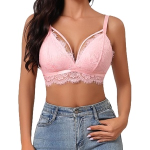Avidlove Lace Bralette Sexy Lingerie Bra for Women Y2K Cami Crop Top V Neck Spaghetti Strap Tank Top(Pink)