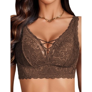 Avidlove Lace Bralette for Women Sexy Unpadded and Unlined Wireless Bra V Neck Criss Cross Everyday Lingerie Bralettes(Brown)
