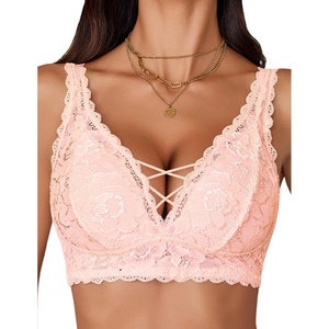 Avidlove Lace Bralette for Women Sexy Unpadded and Unlined Wireless Bra V Neck Criss Cross Everyday Lingerie Bralettes(Light Pink)