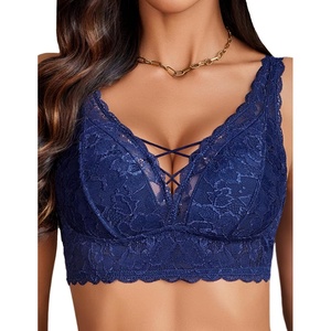 Avidlove Lace Bralette for Women Sexy Unpadded and Unlined Wireless Bra V Neck Criss Cross Everyday Lingerie Bralettes(Navy Blue)