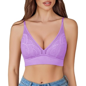 Avidlove Lace Bralette for Women Wireless Mesh Bralettes Sexy V Neck Tank Top with Modal Rabbit Ear Lining(Lilac)