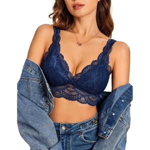 Avidlove Lace Bralettes Womens Triangle Plunge Wireless Bras Camisole Tops Cami Strappy Sexy Soft(Navy Blue)