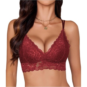 Avidlove Lace Bralettes for Women Sexy Red Lace Bra Deep V Longline Bralette Cami Bralette Top(Wine Red,XL)