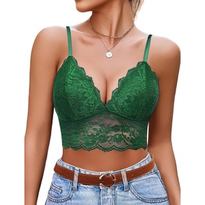 Avidlove Lace Bralettes for Women V Neck Spaghetti Strap Bra Unpadded Tops Sexy Cami Crop Top Going Out Lingerie(Grass Green)