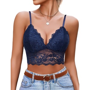 Avidlove Lace Bralettes for Women V Neck Spaghetti Strap Bra Unpadded Tops Sexy Cami Crop Top Going Out Lingerie(Navy Blue)