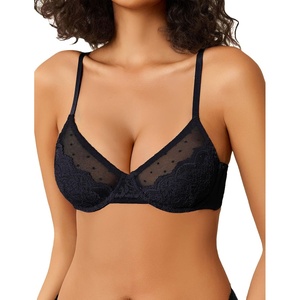 Avidlove Lace Bras for Women Sheer Balconette Underwire Unlined Everyday Bras Lingerie(Black)