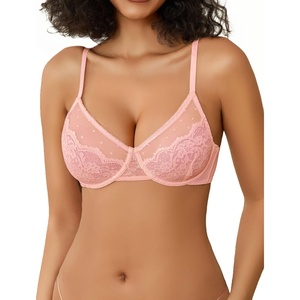 Avidlove Lace Bras for Women Sheer Balconette Underwire Unlined Everyday Bras Lingerie(Pink)
