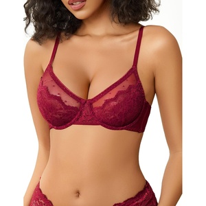 Avidlove Lace Bras for Women Sheer Balconette Underwire Unlined Everyday Bras Lingerie(Wine Red)