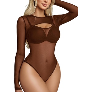 Avidlove Mesh Bodysuit for Women Long Sleeve Body Suit Sexy Tops Cut Out Leotard See Through Shirts Sheer Rave Outfits(Brown)