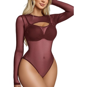 Avidlove Mesh Bodysuit for Women Long Sleeve Body Suit Sexy Tops Cut Out Leotard See Through Shirts Sheer Rave Outfits(Deep Purple Red)