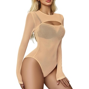 Avidlove Mesh Bodysuit for Women Long Sleeve Body Suit Sexy Tops Cut Out Leotard See Through Shirts Sheer Rave Outfits(Nude)