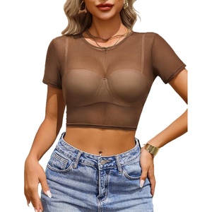 Avidlove Mesh Crop Top for Women Short Sleeve Bodycon Tees Y2k See Through Blouse O Neck Clubwear(Coffee Brown)