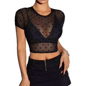 Avidlove Mesh Crop Top for Women Short Sleeve Bodycon Tees Y2k See Through Blouse O Neck Clubwear(Dot Polka Black)