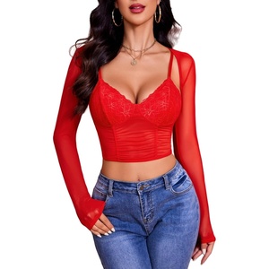 Avidlove Mesh Crop Top with Shrug Long Sleeve Sheer Top Sexy Low Cut Shirt Going Out 2 Pieces Clubwear(Red)