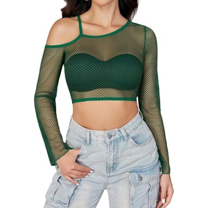 Avidlove Mesh Crop Tops for Women Long Sleeve Fishnet Shirt See Through Tops Rave Outfits Party Clubwear(Green)