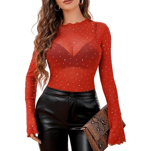 Avidlove Women Mesh Tops Rhinestone Tops Long Bell Sleeve Blouses Glitter Shirts Sexy Clubwear Outfits S-XXL(B-red)
