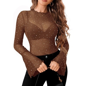 Avidlove Women Mesh Tops Rhinestone Tops Long Bell Sleeve Blouses Glitter Shirts Sexy Clubwear Outfits S-XXL(Brown)