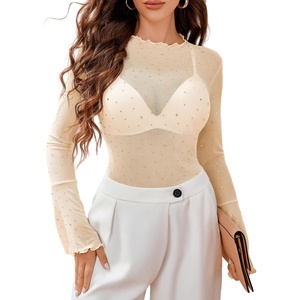 Avidlove Women Mesh Tops Rhinestone Tops Long Bell Sleeve Blouses Glitter Shirts Sexy Clubwear Outfits S-XXL(Champagne)