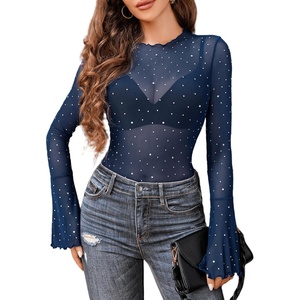 Avidlove Women Mesh Tops Rhinestone Tops Long Bell Sleeve Blouses Glitter Shirts Sexy Clubwear Outfits S-XXL(Navy Blue)