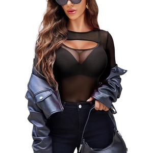 Avidlove Women Sexy Long Sleeve Mesh Top Teddy Bodysuit Clubwear Sheer Leotards with Garter Belt(Black)