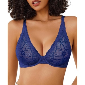 Avidlove Women’s Lace Bra Sexy Sheer Underwire Unlined Plunge Everyday Bras Full Coverage Bralettes(Navy Blue)
