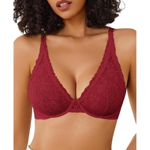Avidlove Women’s Lace Bra Sexy Sheer Underwire Unlined Plunge Everyday Bras Full Coverage Bralettes(Wine Red)